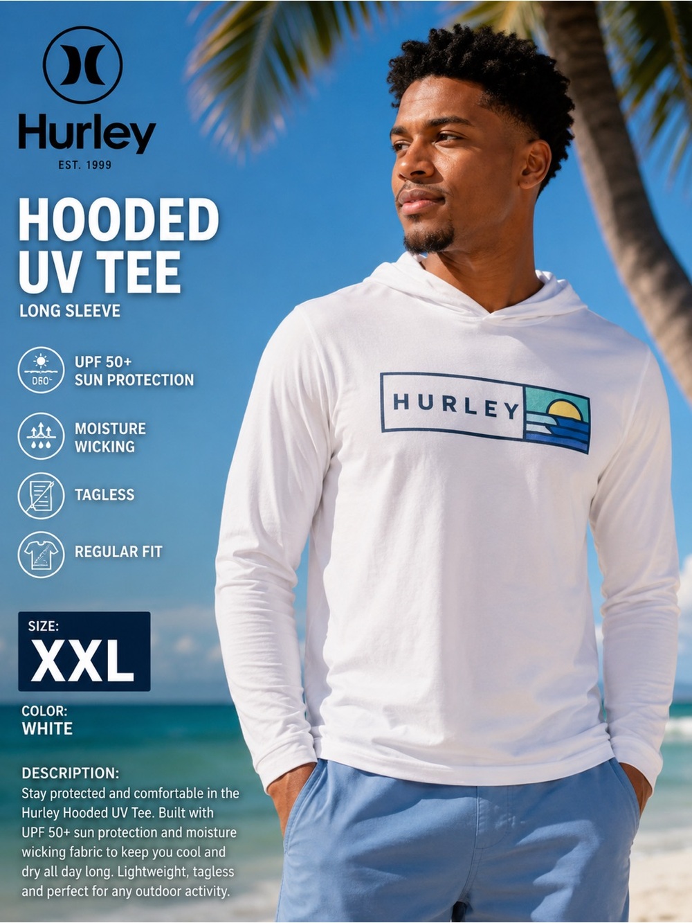 Hurley White Hooded Long Sleeve UV Tee with Sun Graphic